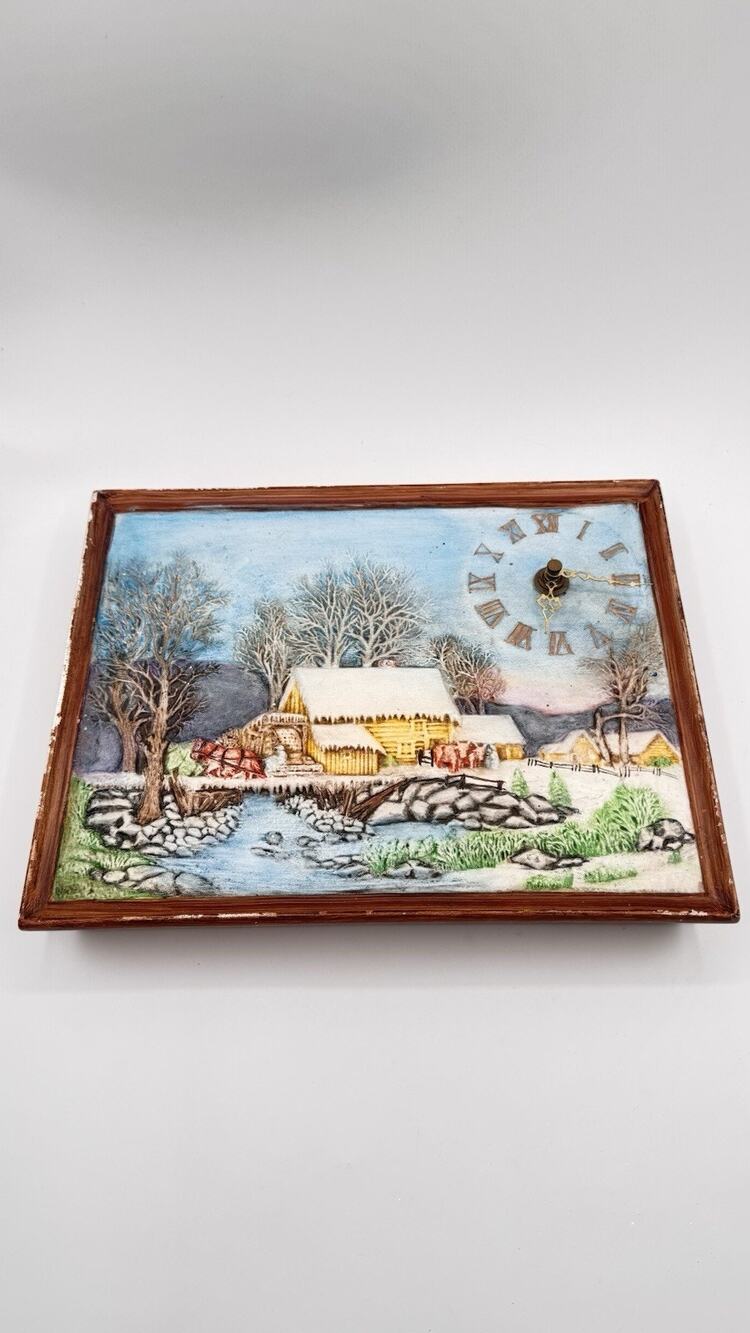 Vintage Byron Molds 1982/83 Hand Painted Winter Farm Scene Wall Clock Signed